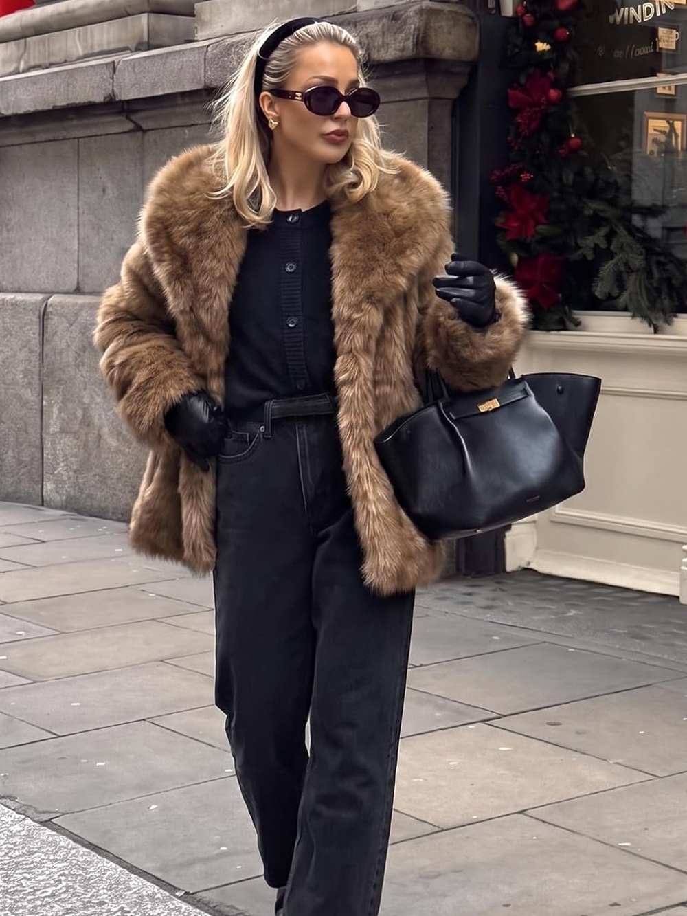 women Lux Faux Fur Coat in Brown two toned